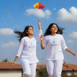 Generate a 3D image of three friends, Dr Sneha, Dr Sharad, and a cute little girl named Ishani, all wearing white jerseys with their names inscribed, jubilantly flying kites on a roof with 'Happy Makarsankranti 2024' whimsically etched in the sky.