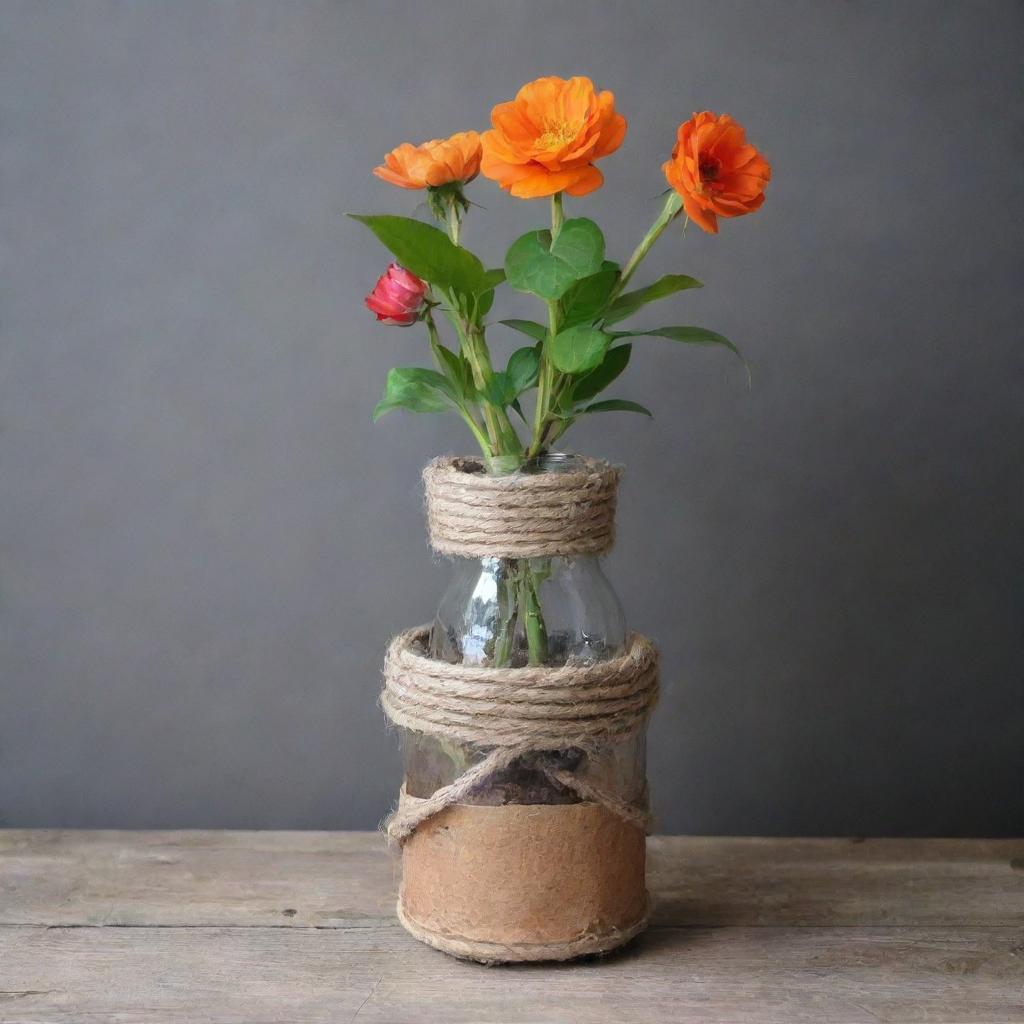 A flower pot created from wooden branches, a recycled bottle, and rope