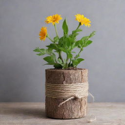 A flower pot created from wooden branches, a recycled bottle, and rope