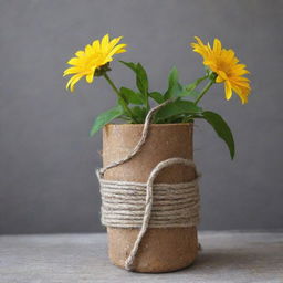 A flower pot created from wooden branches, a recycled bottle, and rope