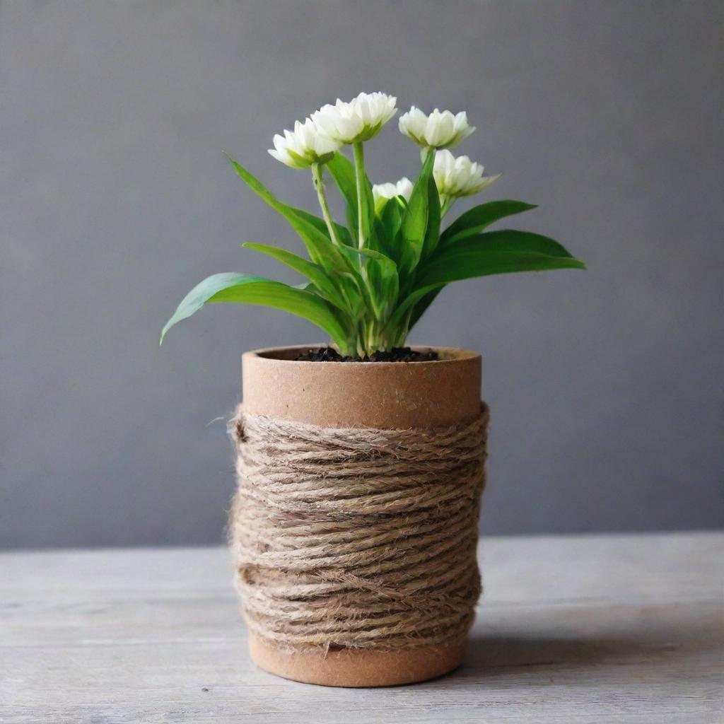 A flower pot created from wooden branches, a recycled bottle, and rope