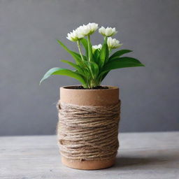 A flower pot created from wooden branches, a recycled bottle, and rope