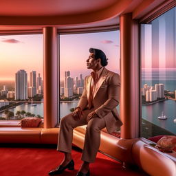 A suave Cuban man in 1980s attire situated in an opulent Miami penthouse with a breathtaking view of the city