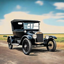 A high-quality digital art image featuring a 1921 Ford Model T, painted in classic black