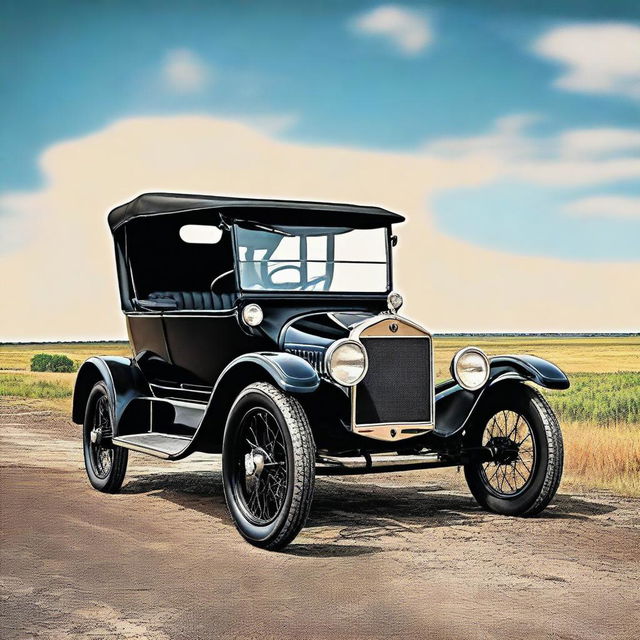 A high-quality digital art image featuring a 1921 Ford Model T, painted in classic black