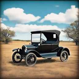 A high-quality digital art image featuring a 1921 Ford Model T, painted in classic black