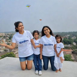 Three-dimensional image of three individuals, Dr Sneha, Dr Sharad, and a small cute girl named Ishani, all wearing white jerseys with their names written on, joyfully flying kites on a rooftop.