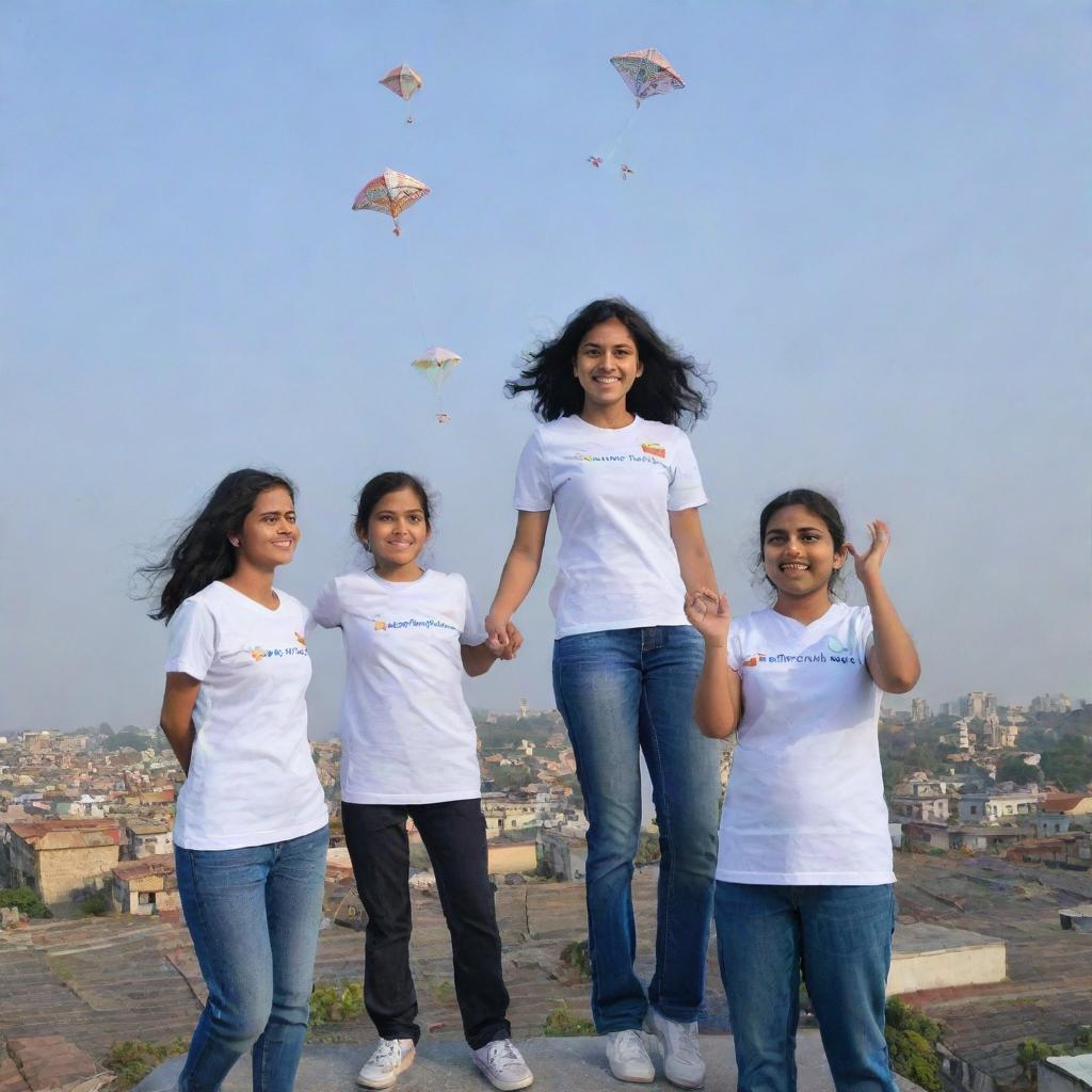 Three-dimensional image of three individuals, Dr Sneha, Dr Sharad, and a small cute girl named Ishani, all wearing white jerseys with their names written on, joyfully flying kites on a rooftop.