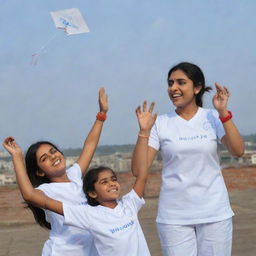 Three-dimensional image of three individuals, Dr Sneha, Dr Sharad, and a small cute girl named Ishani, all wearing white jerseys with their names written on, joyfully flying kites on a rooftop.