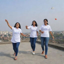 Three-dimensional image of three individuals, Dr Sneha, Dr Sharad, and a small cute girl named Ishani, all wearing white jerseys with their names written on, joyfully flying kites on a rooftop.