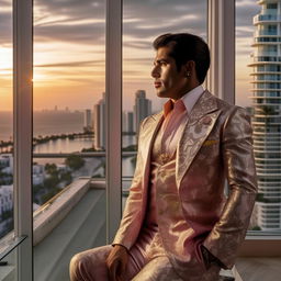 A suave Cuban man in 1980s attire situated in an opulent Miami penthouse with a breathtaking view of the city