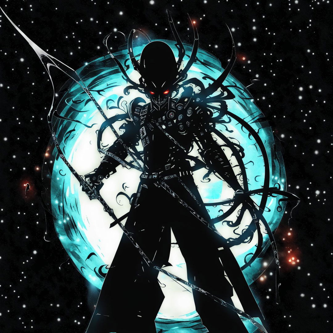 A menacing alien warlord, the arch-enemy of the mecha guardian, stands in stark contrast in a digital art piece. Made of dark energy and cosmic debris, he wields a scythe made of starlight and a shield of black holes. He floats in the void of space, with a backdrop of a dying star.