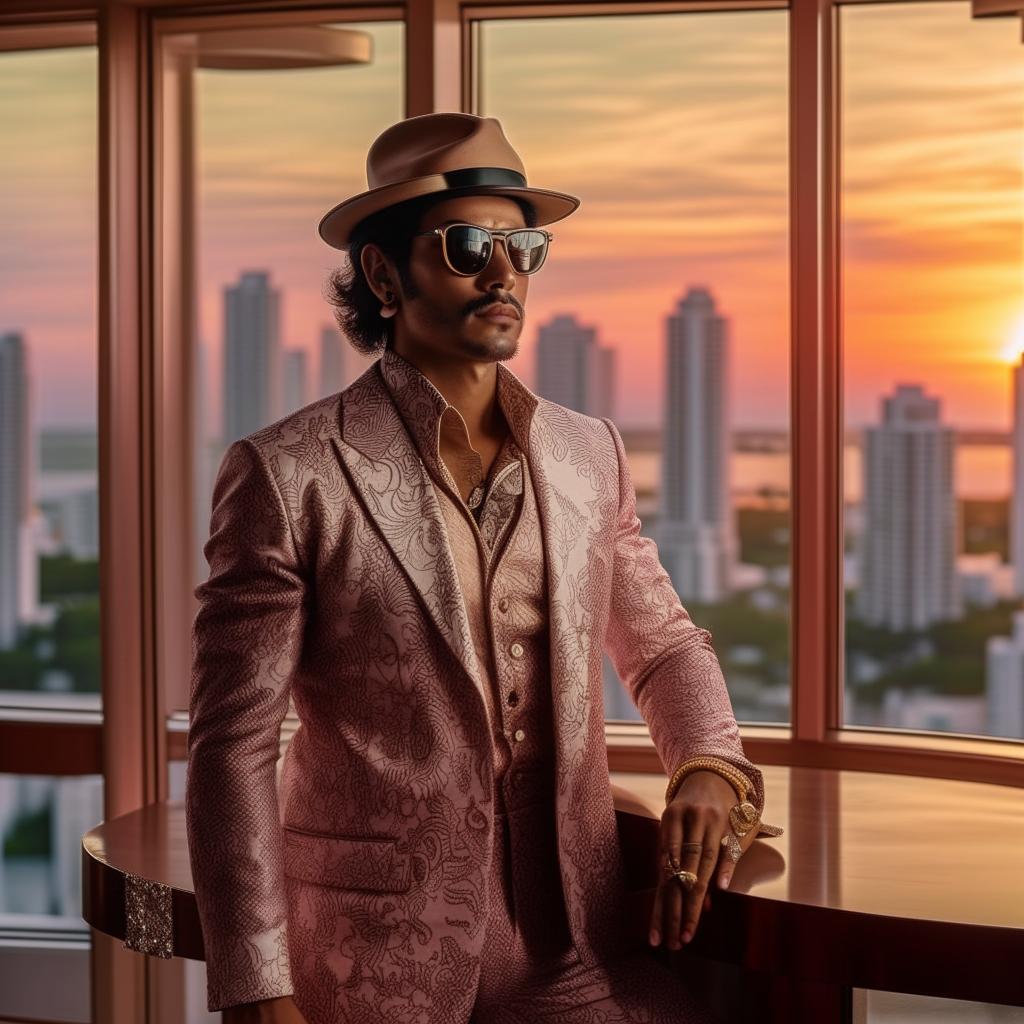 A suave Cuban man in 1980s attire situated in an opulent Miami penthouse with a breathtaking view of the city