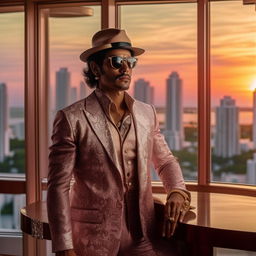 A suave Cuban man in 1980s attire situated in an opulent Miami penthouse with a breathtaking view of the city