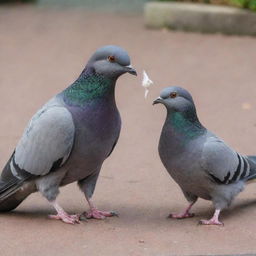 A pigeon and cat engaged in an intense yet non-violent confrontation. The cat is curious, while the pigeon, puffing up its feathers, is standing its ground fearlessly.