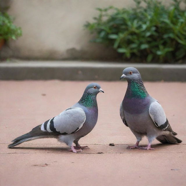 A pigeon and cat engaged in an intense yet non-violent confrontation. The cat is curious, while the pigeon, puffing up its feathers, is standing its ground fearlessly.