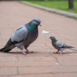 A pigeon and cat engaged in an intense yet non-violent confrontation. The cat is curious, while the pigeon, puffing up its feathers, is standing its ground fearlessly.