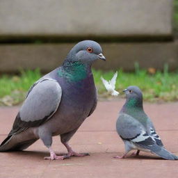 A pigeon and cat engaged in an intense yet non-violent confrontation. The cat is curious, while the pigeon, puffing up its feathers, is standing its ground fearlessly.