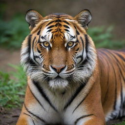 A majestic and powerful tiger in its natural habitat, its fur radiating vibrant hues of orange and black stripes, its eyes emanating fierce intensity. 