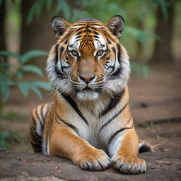 A majestic and powerful tiger in its natural habitat, its fur radiating vibrant hues of orange and black stripes, its eyes emanating fierce intensity. 