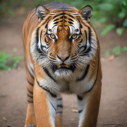 A majestic and powerful tiger in its natural habitat, its fur radiating vibrant hues of orange and black stripes, its eyes emanating fierce intensity. 