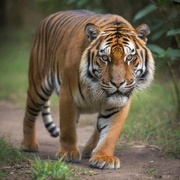 A majestic and powerful tiger in its natural habitat, its fur radiating vibrant hues of orange and black stripes, its eyes emanating fierce intensity. 