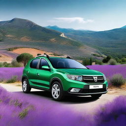 This is a high-quality digital art image of a dark green Dacia Sandero, set in the picturesque region of Provence-Alpes-Côte d'Azur