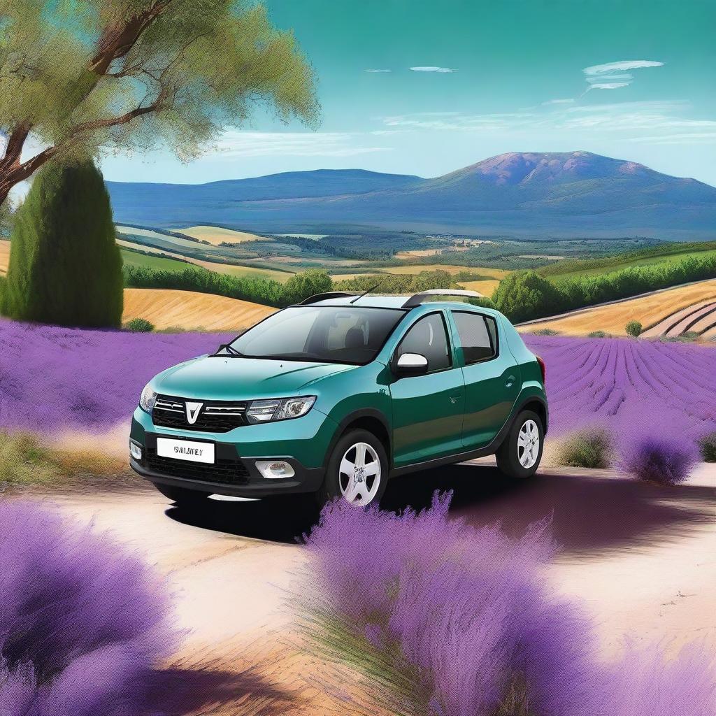 This is a high-quality digital art image of a dark green Dacia Sandero, set in the picturesque region of Provence-Alpes-Côte d'Azur