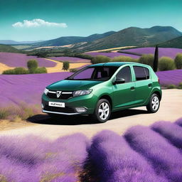 This is a high-quality digital art image of a dark green Dacia Sandero, set in the picturesque region of Provence-Alpes-Côte d'Azur