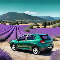 This is a high-quality digital art image of a dark green Dacia Sandero, set in the picturesque region of Provence-Alpes-Côte d'Azur