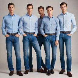 A group of tall, young men with handsome features, wearing high-waisted jeans and formal shirts. They carry an air of sophistication and coolness.