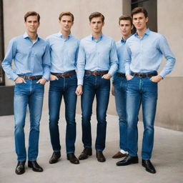 A group of tall, young men with handsome features, wearing high-waisted jeans and formal shirts. They carry an air of sophistication and coolness.