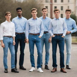 A group of tall, young men with handsome features, wearing high-waisted jeans and formal shirts. They carry an air of sophistication and coolness.