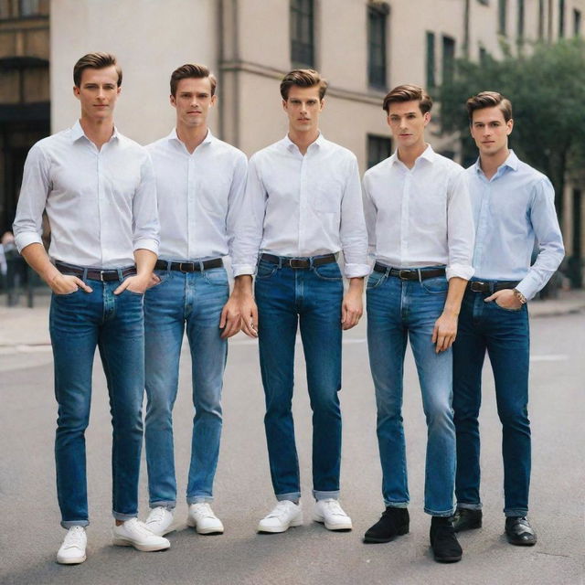 A group of tall, young men with handsome features, wearing high-waisted jeans and formal shirts. They carry an air of sophistication and coolness.