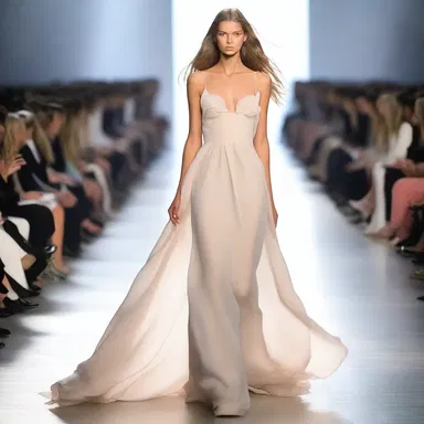 The model walked down the runway, gracefully undulating in the flowing, wave-like dress.