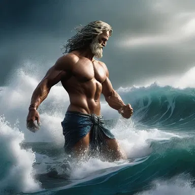 As Poseidon emerged from the depths, the water undulated around him in majestic waves.