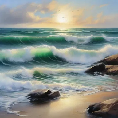 The artist skillfully captured the undulating waves of the ocean in a breathtaking seascape painting, conveying a sense of movement and tranquility.