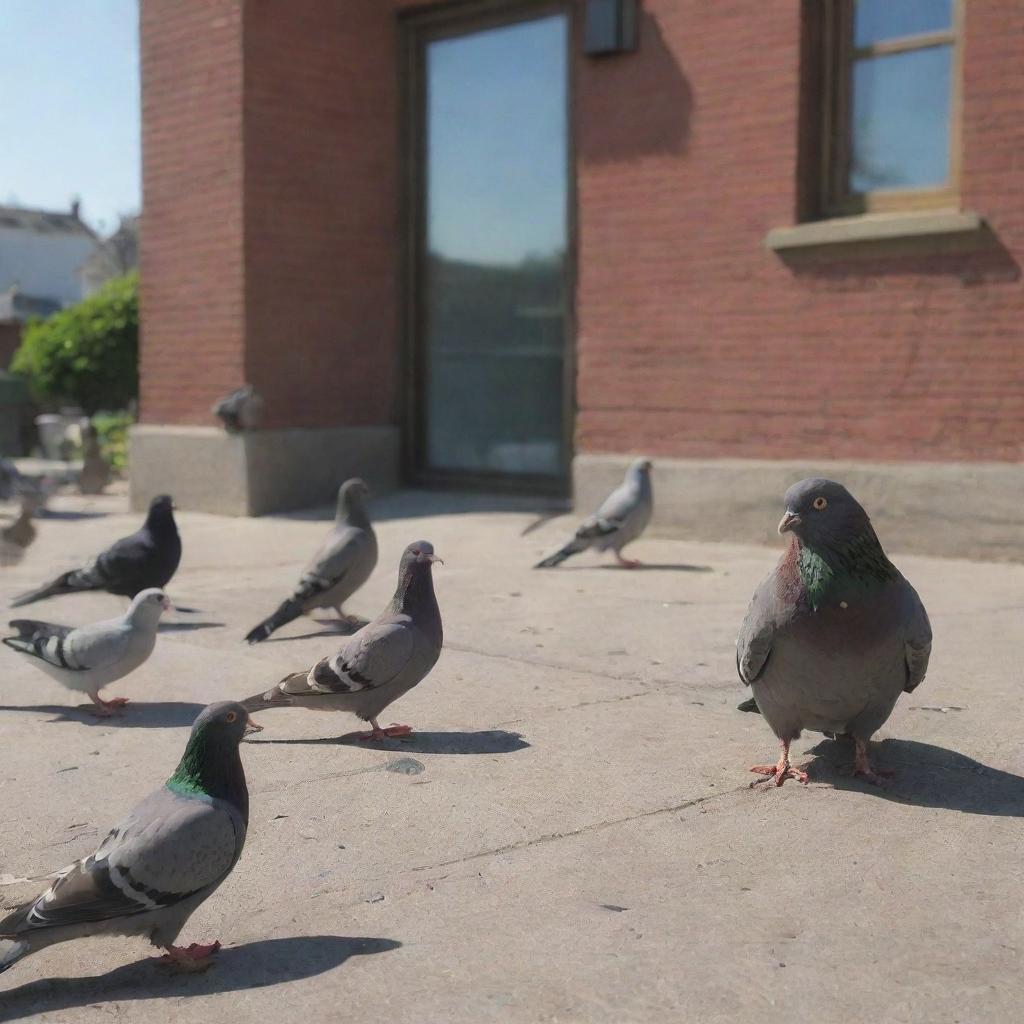 Multiple pigeons and a cat in an animated yet harmless standoff. The cat is intrigued, while the pigeons, appearing grand with their feathers all fluffed up, show no signs of intimidation.