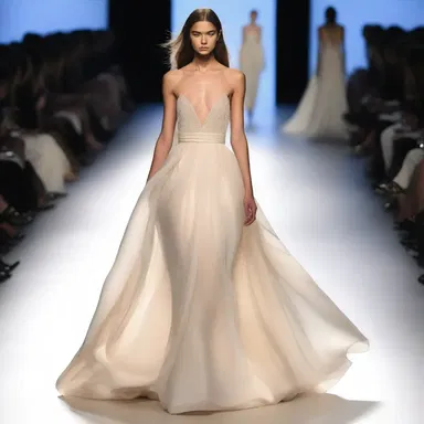 The runway model showcased a flowing gown with undulating layers of silk that gave the illusion of soft rounded shapes as she walked.
