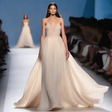 The runway model showcased a flowing gown with undulating layers of silk that gave the illusion of soft rounded shapes as she walked.