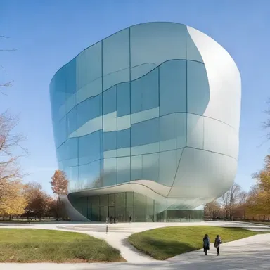 The modern art museum's façade featured an undulating glass structure, creating soft rounded shapes that blend seamlessly with the surroundings.