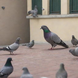 Multiple pigeons and a cat in an animated yet harmless standoff. The cat is intrigued, while the pigeons, appearing grand with their feathers all fluffed up, show no signs of intimidation.