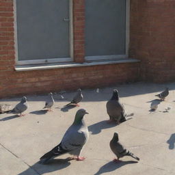 Multiple pigeons and a cat in an animated yet harmless standoff. The cat is intrigued, while the pigeons, appearing grand with their feathers all fluffed up, show no signs of intimidation.