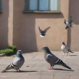 Multiple pigeons and a cat in an animated yet harmless standoff. The cat is intrigued, while the pigeons, appearing grand with their feathers all fluffed up, show no signs of intimidation.