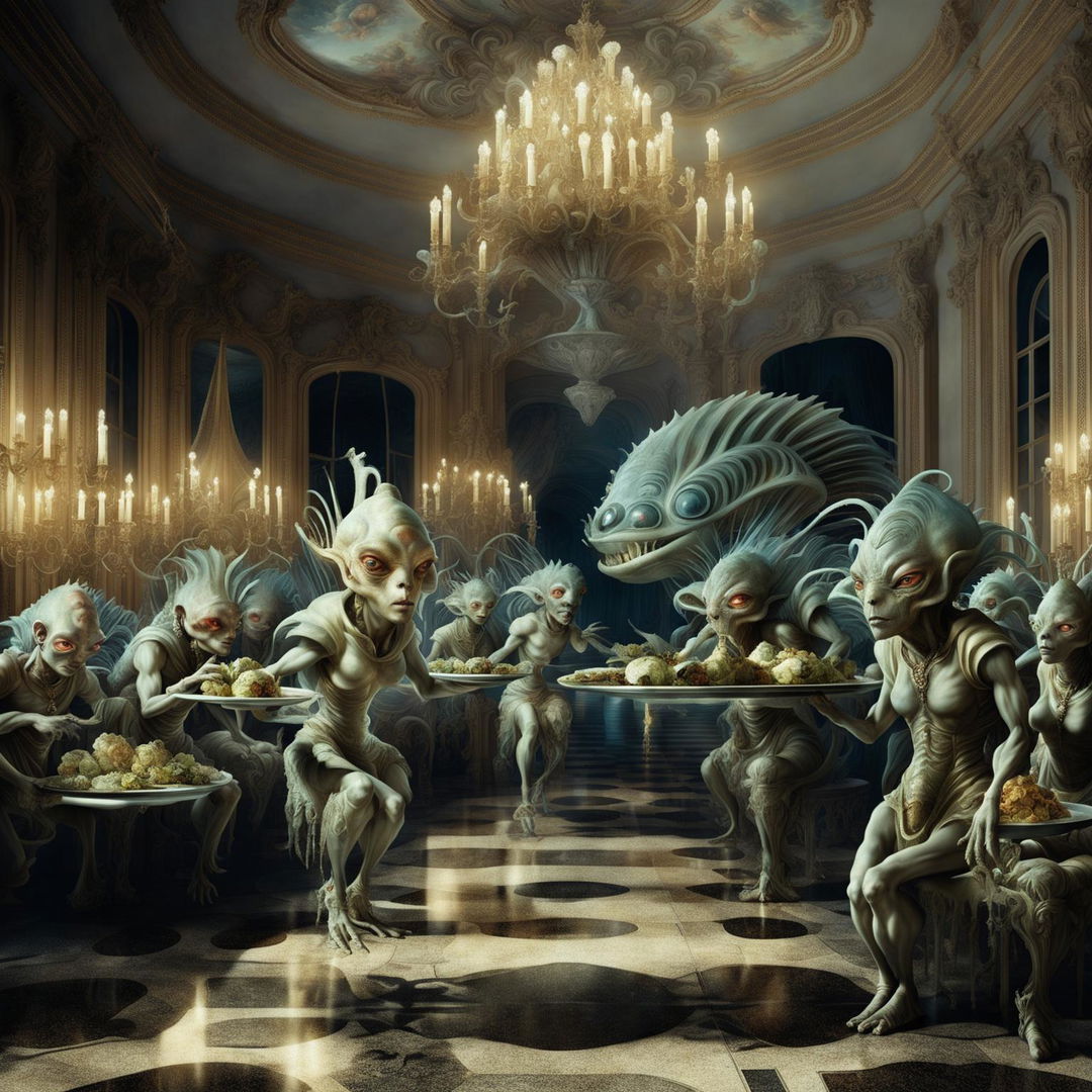 Hyper-realistic digital art of Rococo-styled aliens enslaving humans in an opulent palace.