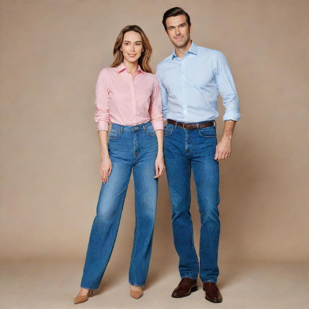 A tall, handsome man in high-waisted jeans and a formal shirt striking a pose next to his equally tall and beautiful wife.