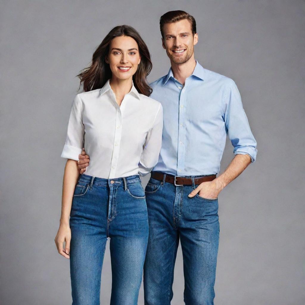 A tall, handsome man in high-waisted jeans and a formal shirt striking a pose next to his equally tall and beautiful wife.