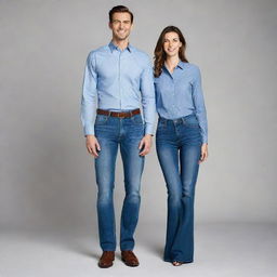 A tall, handsome man in high-waisted jeans and a formal shirt striking a pose next to his equally tall and beautiful wife.