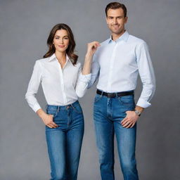 A tall, handsome man in high-waisted jeans and a formal shirt striking a pose next to his equally tall and beautiful wife.