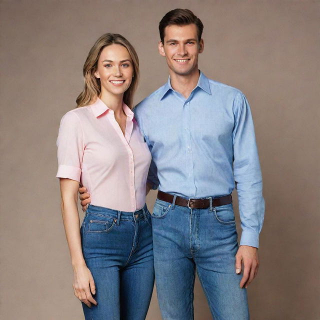 An exceptionally tall, handsome, and hunky young man wearing high-waisted jeans and a formal shirt, posing with his tall and beautiful wife, both radiating a warm, attractive charm.